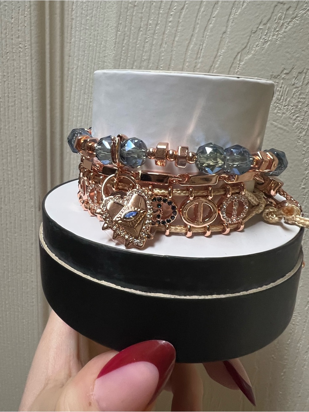 Rose Gold and Blue Crystal Charm Bracelet Stack - Women Jewelry